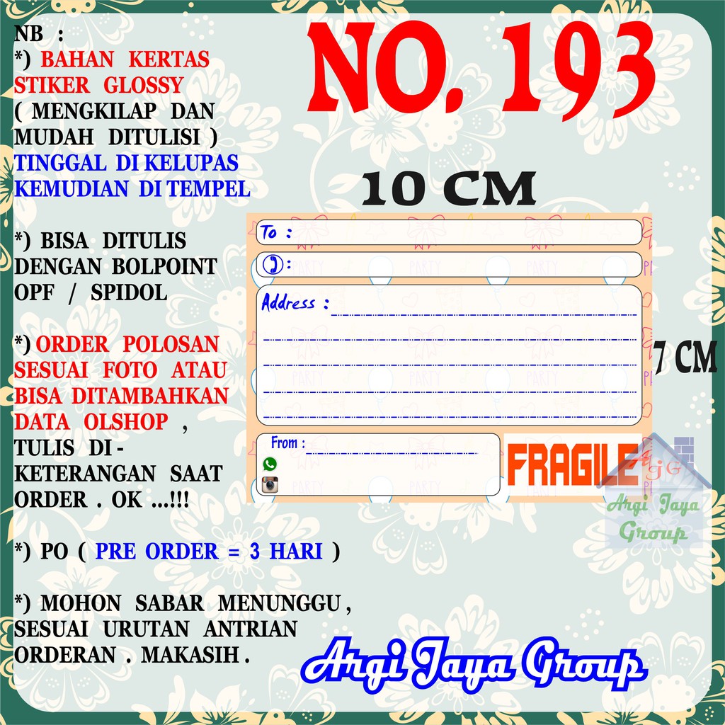 

Stiker Pengiriman - Sticker Alamat Olshop Murah Nomer 193 - 10x7 cm - Glossy