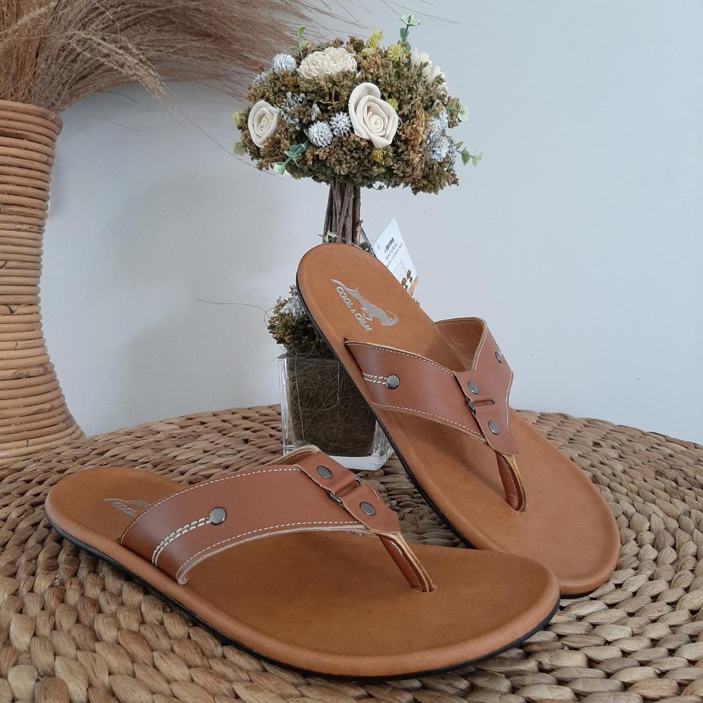 SANDAL KULIT PRIA BROWN TAN KULIT SAPI ASLI ORIGINAL HANDMADE GARUT KASUAL SANTAI