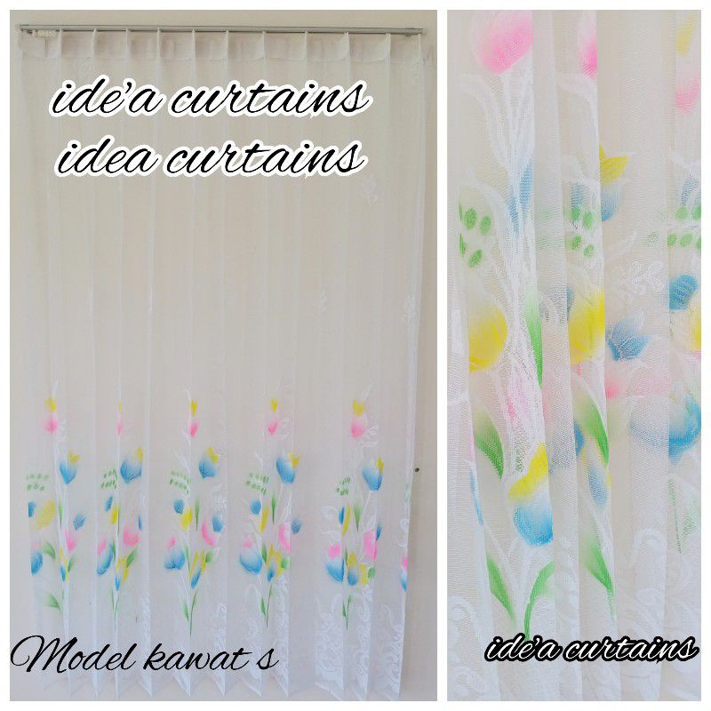 GORDEN VITRASE WARNA BUNGA TULIF PINK BIRU HIJAU DAUN TIRAI JENDELA GORDEN SIANG