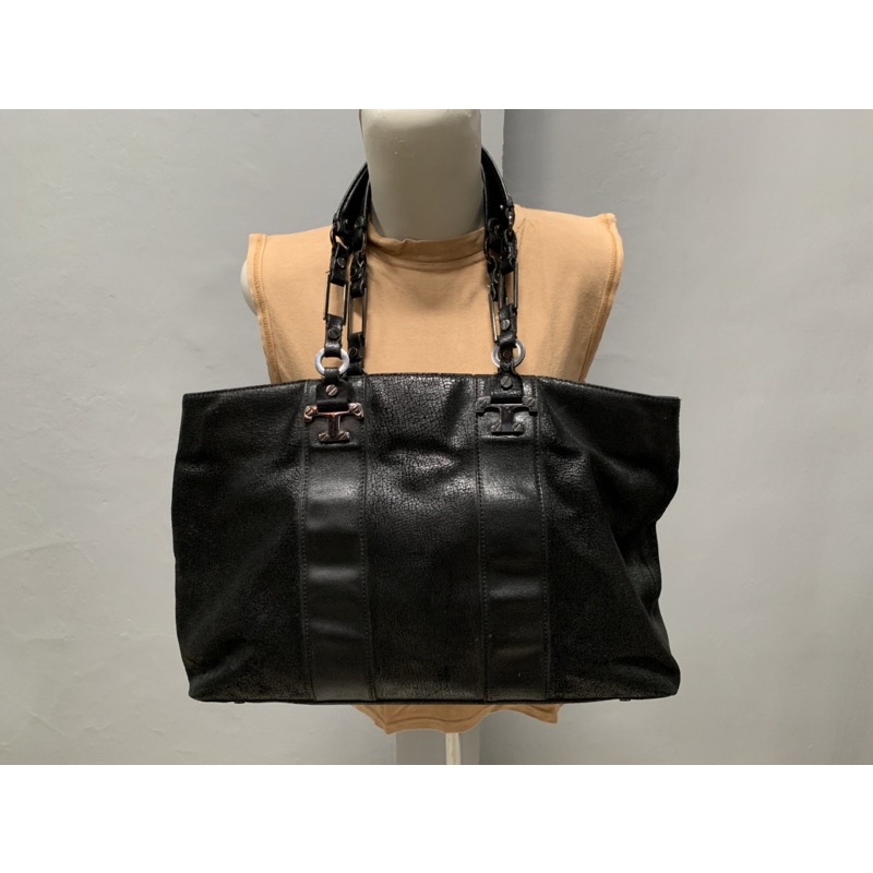 TB vintage preloved nico east/west black leather tote