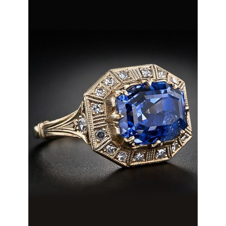 Cincin Emas 18K Hias Batu Permata Sapphire Biru Untuk Wanita