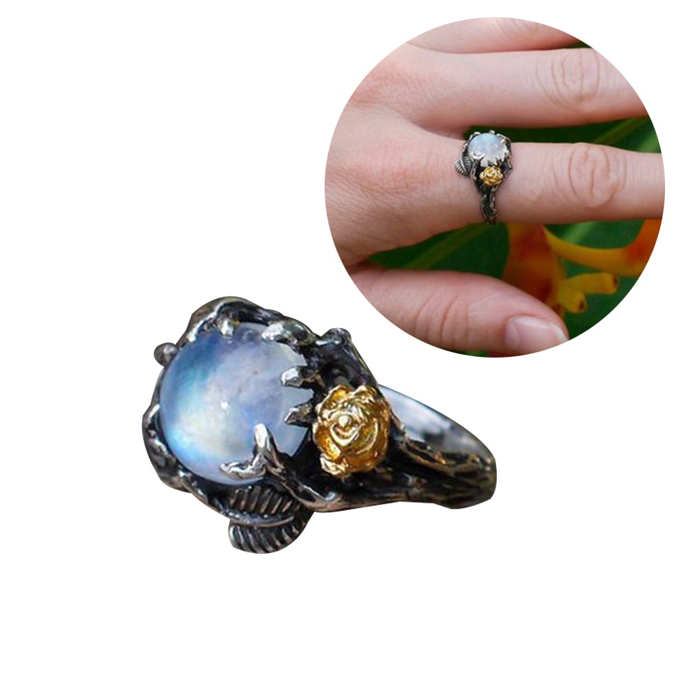 Hu Hu Hu Hu Hu Alat Bantu Pasang Kacamata♡ Cincin Wanita Desain Bunga Mawardaun Hias Moonstone Imitasi Bentuk Bulat Gaya Vintage Untuk Pesta