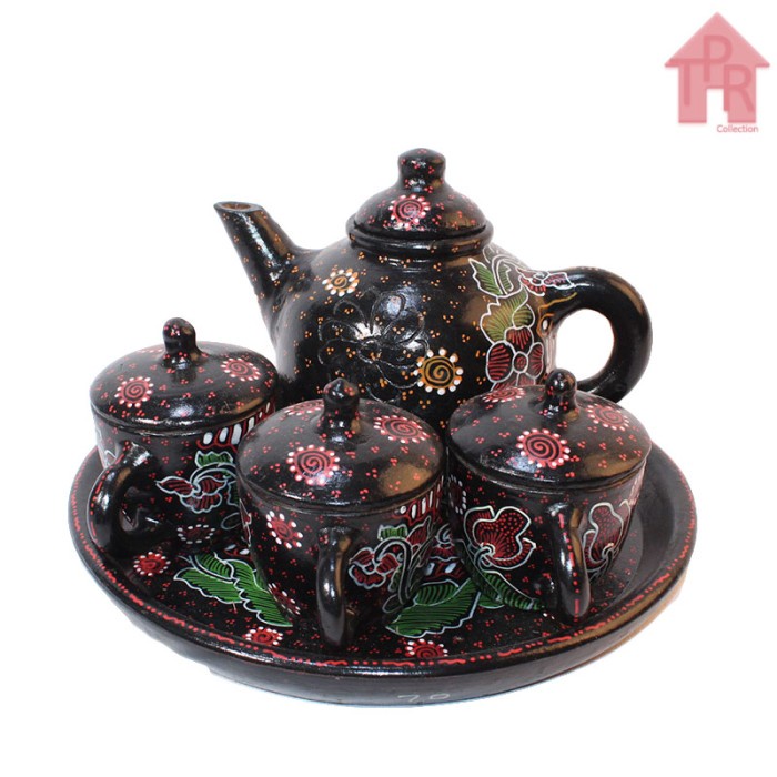 Gerabah Tea Set Premium - Poci Batik Tulis - Motif Spiral Bunga J