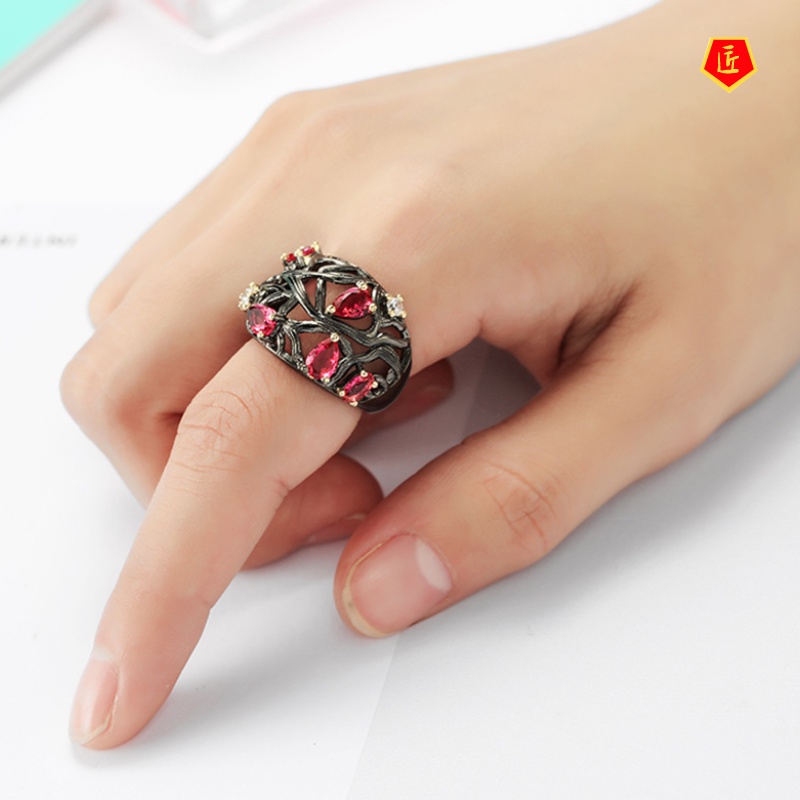 [Ready Stock]Ruby Diamond Black Gold Ring for Women