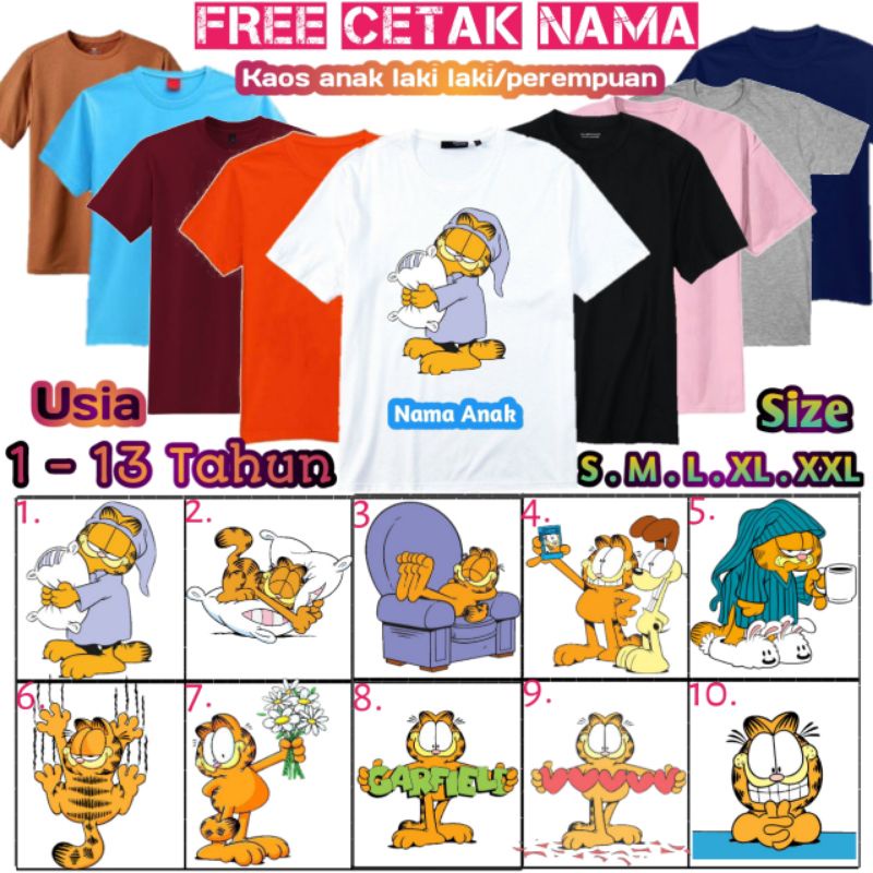 baju kaos anak garfield/kaos kucing garfield lucu/baju kartun garfield