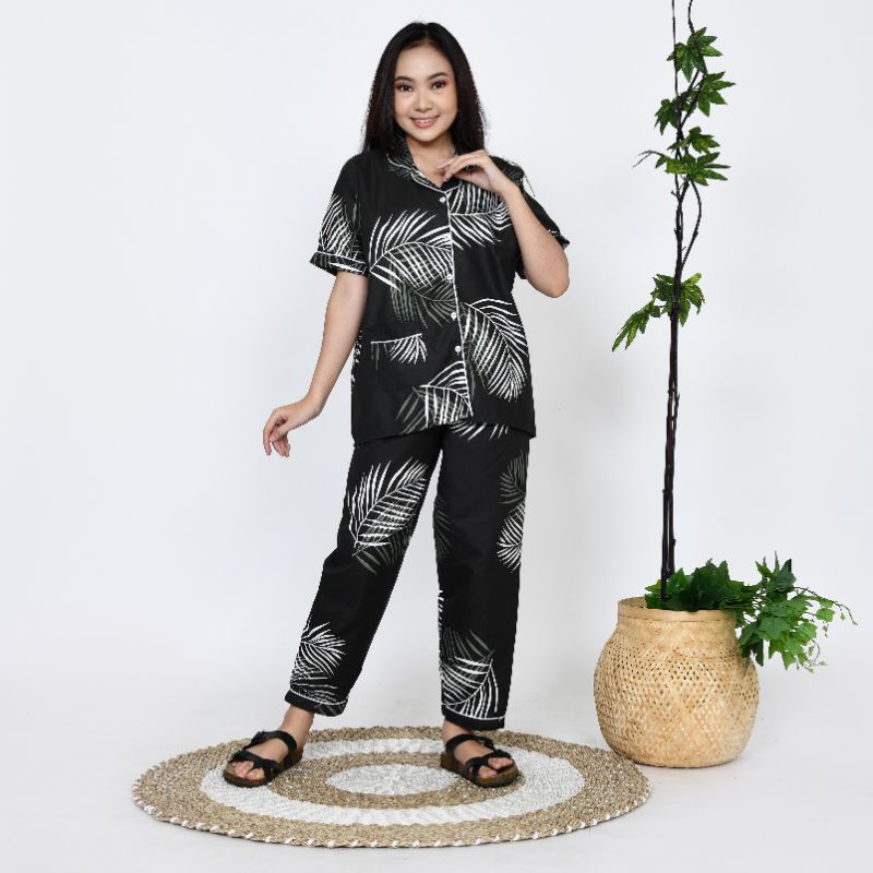 Baju Tidur Piyama Wanita Dewasa Motif Big Coco Daun CP Lengan Pendek Celana Panjang Kekinian