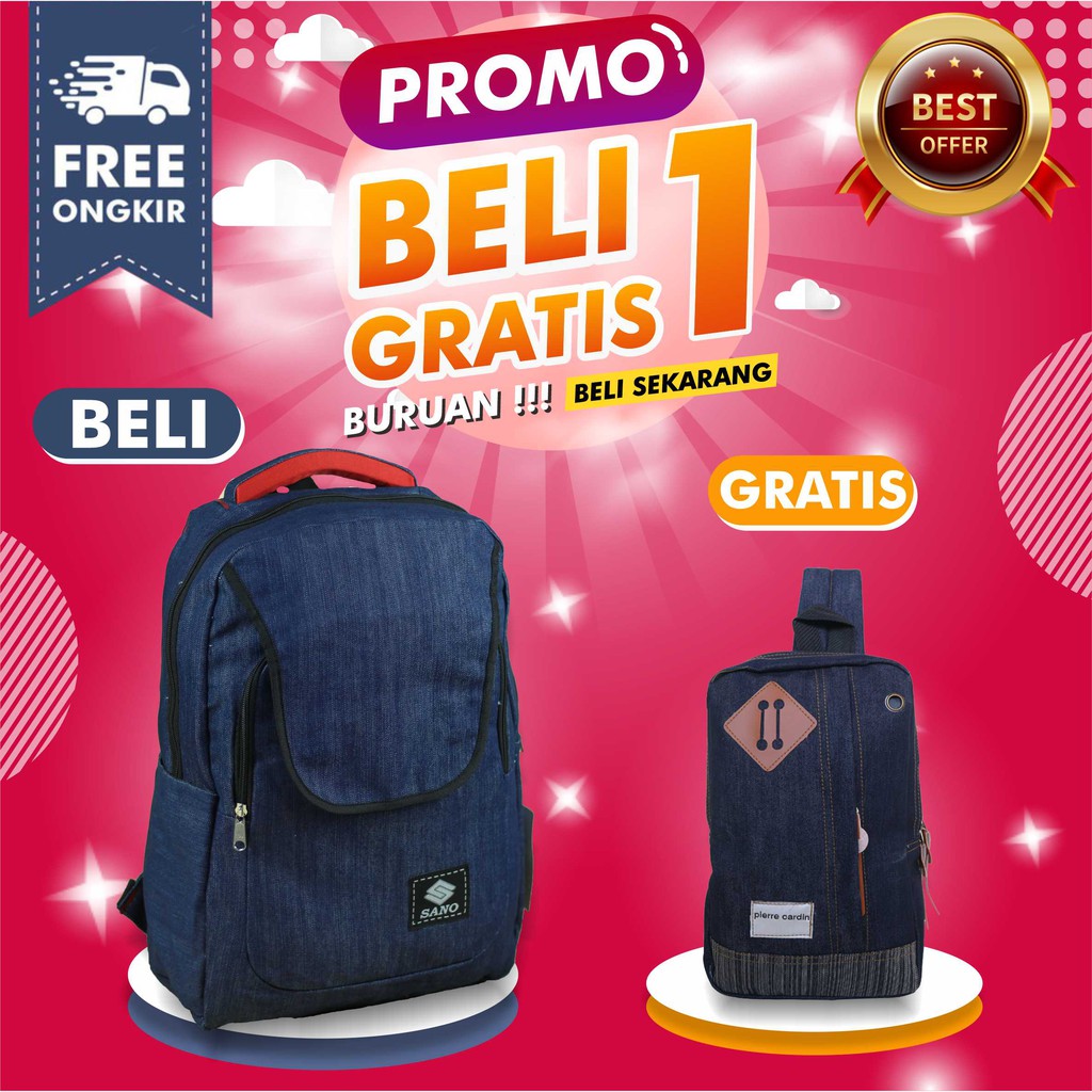 BELI 1 GRATIS 1 Ransel Gendong Distro Sano Polos Keren Pria Free Selempang Simple Cowok Berkualitas