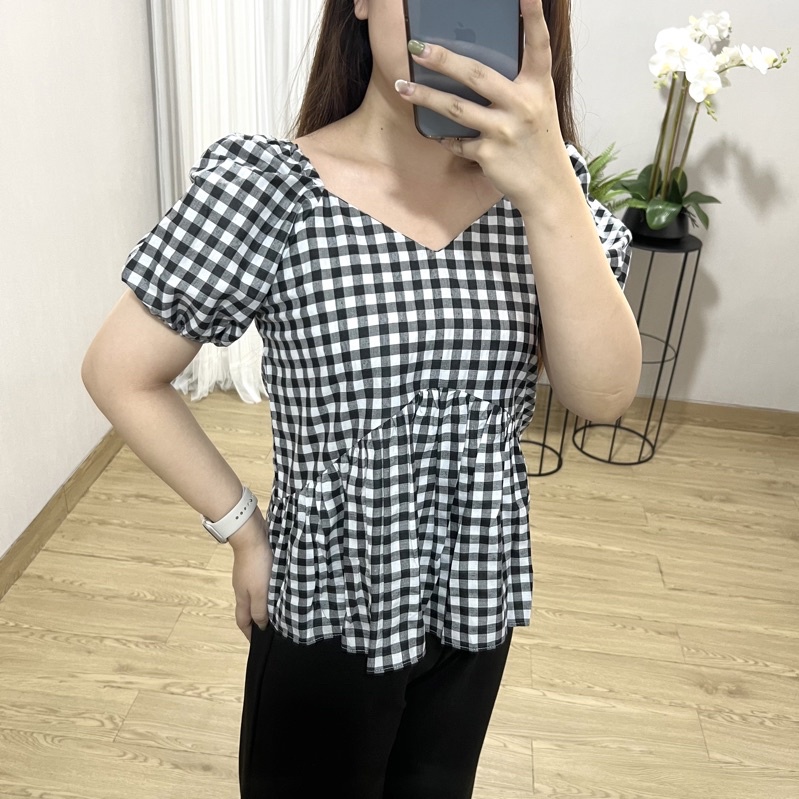 Ara Top - Blouse Lengan Balon / Blouse Katun / Blouse kotak / Atasan Katun / Atasan Wanita Blouse-Hitam