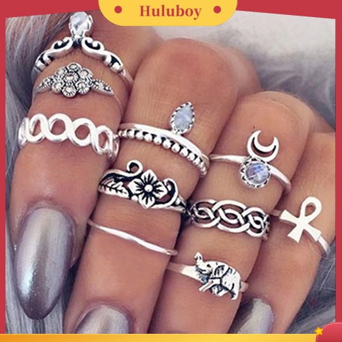 Hu Hu Hu Hu Hu Alat Bantu Pasang Kacamata♡ 10pcs / Set Cincin Buku Jari Aneka Bentuk Warna Silver Gaya Retro Boho Untuk Wanita