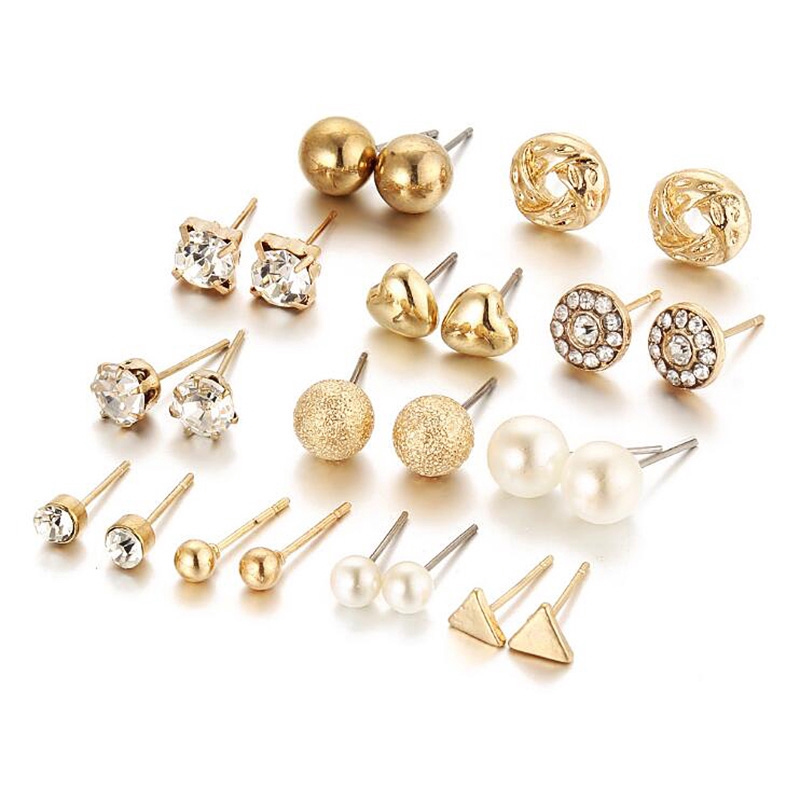 12 Pasang / Set Anting Stud Kristal Buatan Bahan Alloy Warna Emas Perak Untuk Wanita