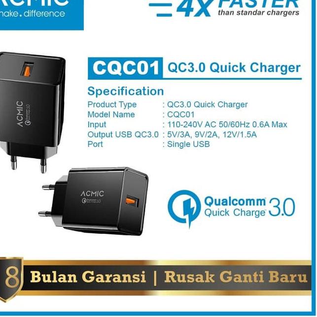 Ready Murah ACMIC CQC01 - Quick Charge 3.0 USB Wall Charger Fast Charging - Hitam