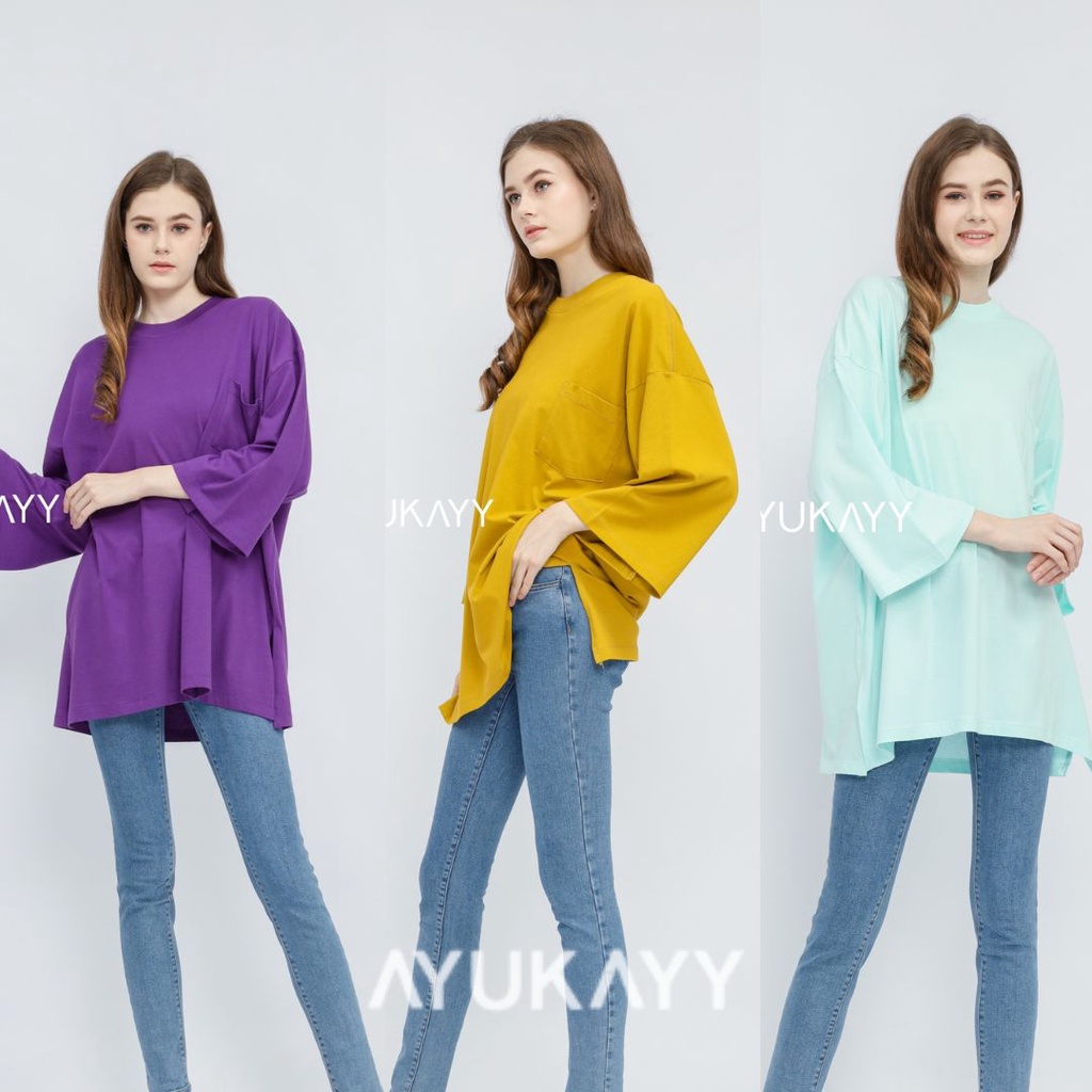 KAOS OVERSIZED SLIT DAILY TOP JUMBO XXL BASIC POLOS LENGAN 7/8 COTTON COMBED 30S WITH POCKET