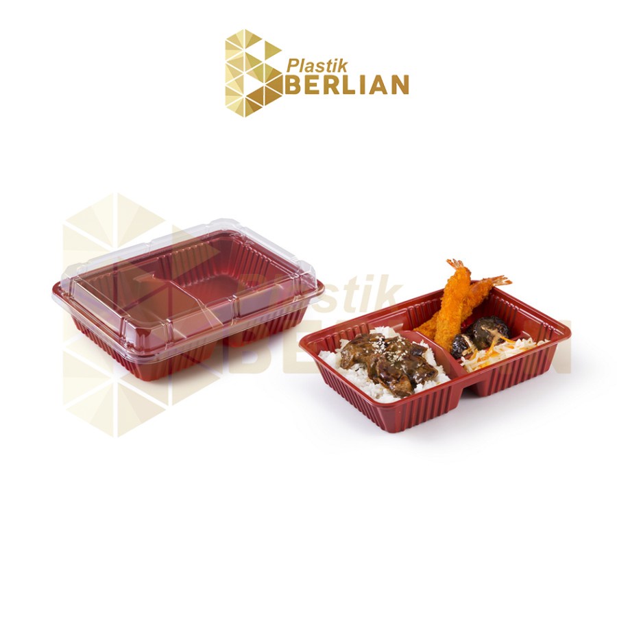 Tray Mika Bento 2 Sekat Merah + Tutup isi 100pcs - LBHX-02A