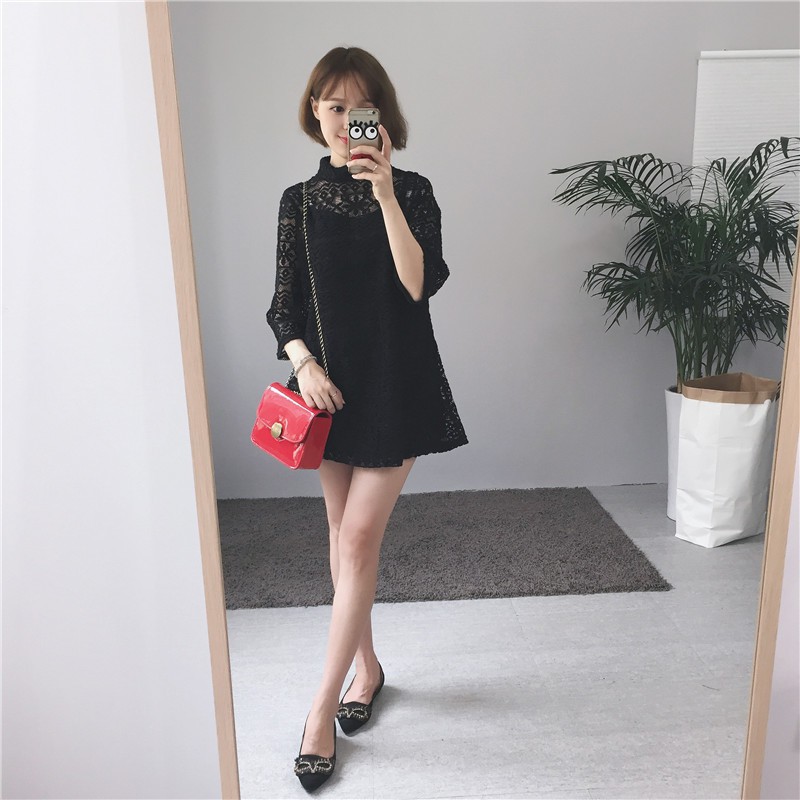 2Pcs Set Dress Lace Mini Korea High Neck Lengan Panjang Motif Bunga Warna Hitam/Putih untuk Wanita