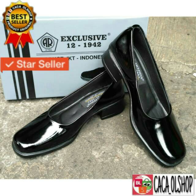 AR Exclusive Sepatu PDH Pantofel Dinas Wanita Kulit Hitam Glossy Kilap 1708 Heels 3cm Original TNI