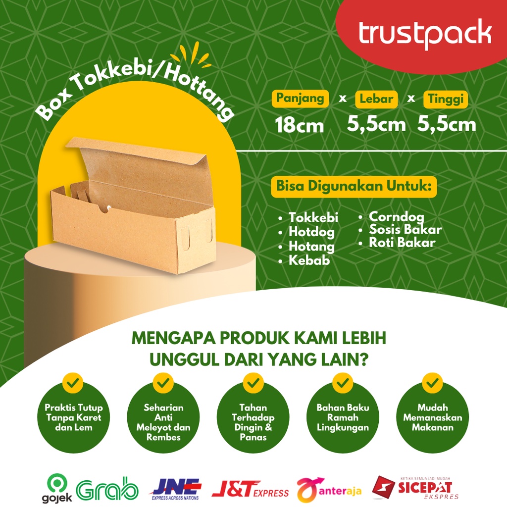BOX/DUS/DOS/KOTAK KRAFT TOKKEBI/HOTDOG/HOTANG uk.18x5,5x5,5cm 290gsmPE