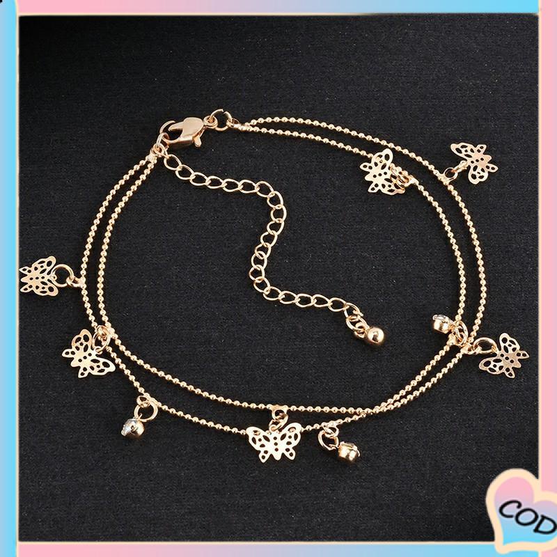 COD❤️ Double Layer Hollow Butterfly Liontin Gelang Kaki Paduan Fashion Sepatu Wanita Yang Indah-A.one