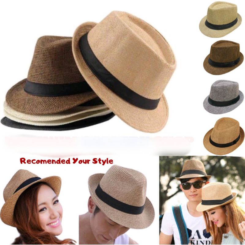 SH8 Topi Tompi Fedora Pria dan Wanita Jerami Polos Penyanyi Musik Retro Unik Jazz Vintage Pantai Piknik santai