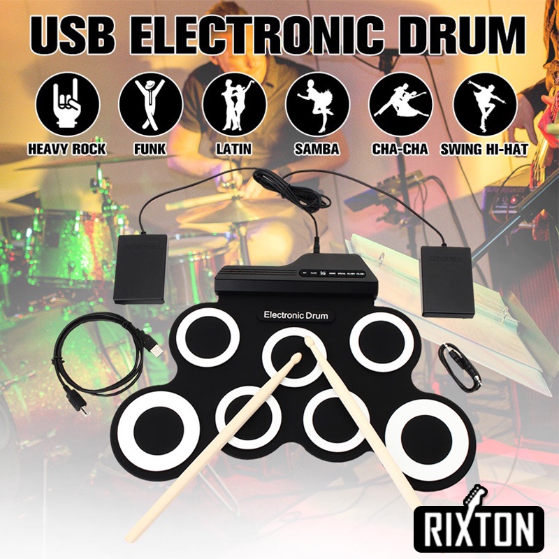 Rixton Drum Elektronik Portabel Digital USB 7 Bantalan Roll up Drum Set Silicone Electric Drum Pad Kit