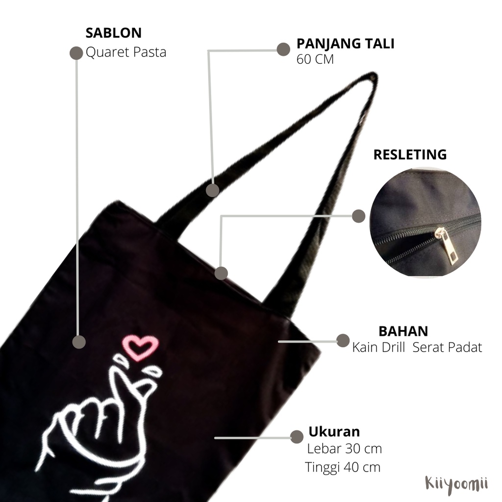 Tote bag TANGAN LOVE kpop / k-pop / korea 8 warna pilihan ada resleting bahan drill halus [remium