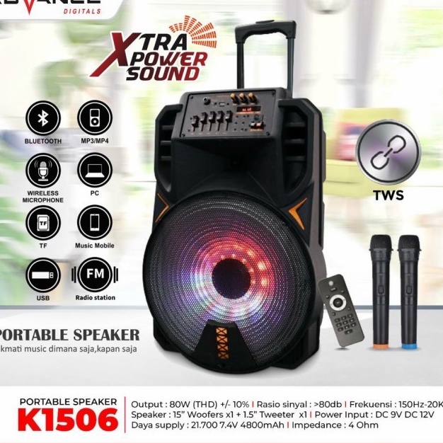 ADVANCE Speaker Portable Bluetooth 15 Inch K1506 / 2 Mic Wireless