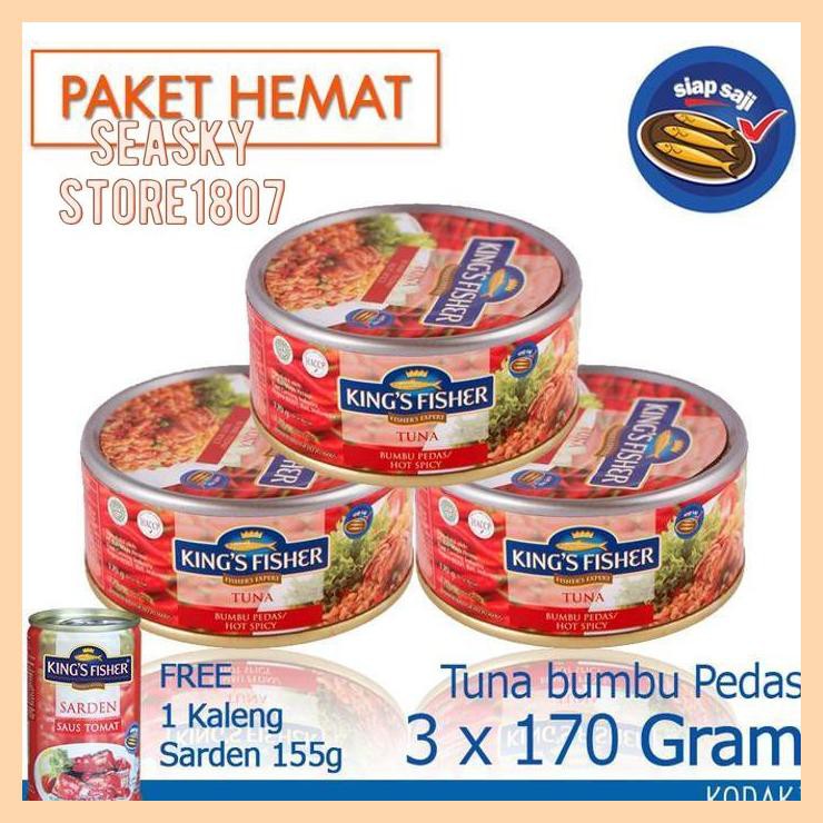 

[ PAKET 3 PCS KING'S FISHER TUNA HOT SPICY 170G GRATIS SARDEN 155G]