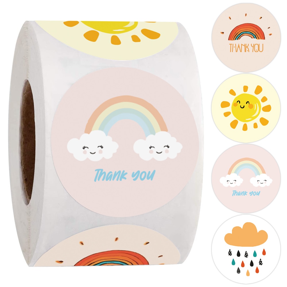 500pcs Cartoon Thank You Stickers Cute Sun Rainbow Clouds Sticker for Handmade Gift