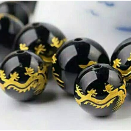 Black Onyx Stone Tibetan Dragon Carved 8mm