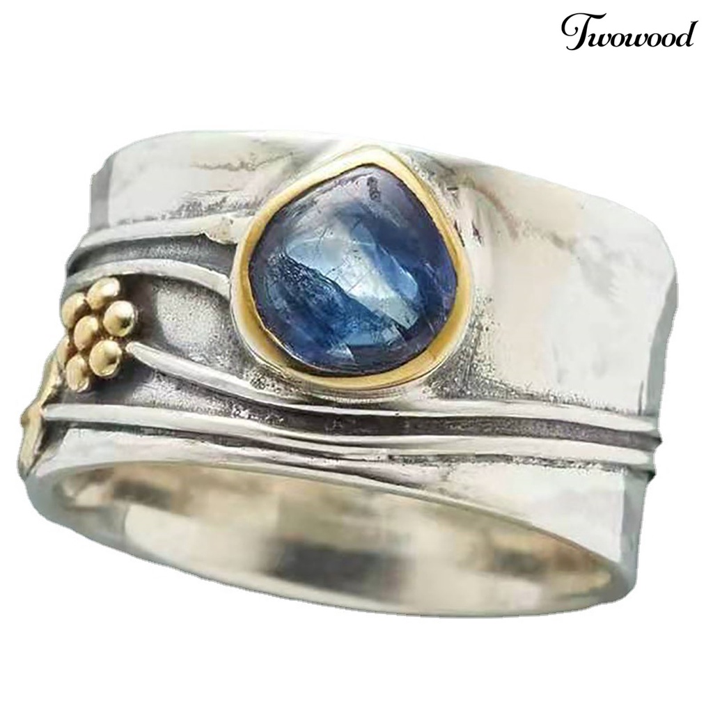 Twowood Two-tone Simple Statement Vintage Ring Blue Faux Gem Leaves Flower Finger Ring Jewelry Accessaries