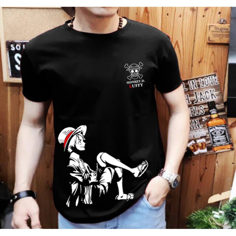 Kaos Pria Keren Lengan Pendek / Luffy duduk hitam / Shalch Trendy