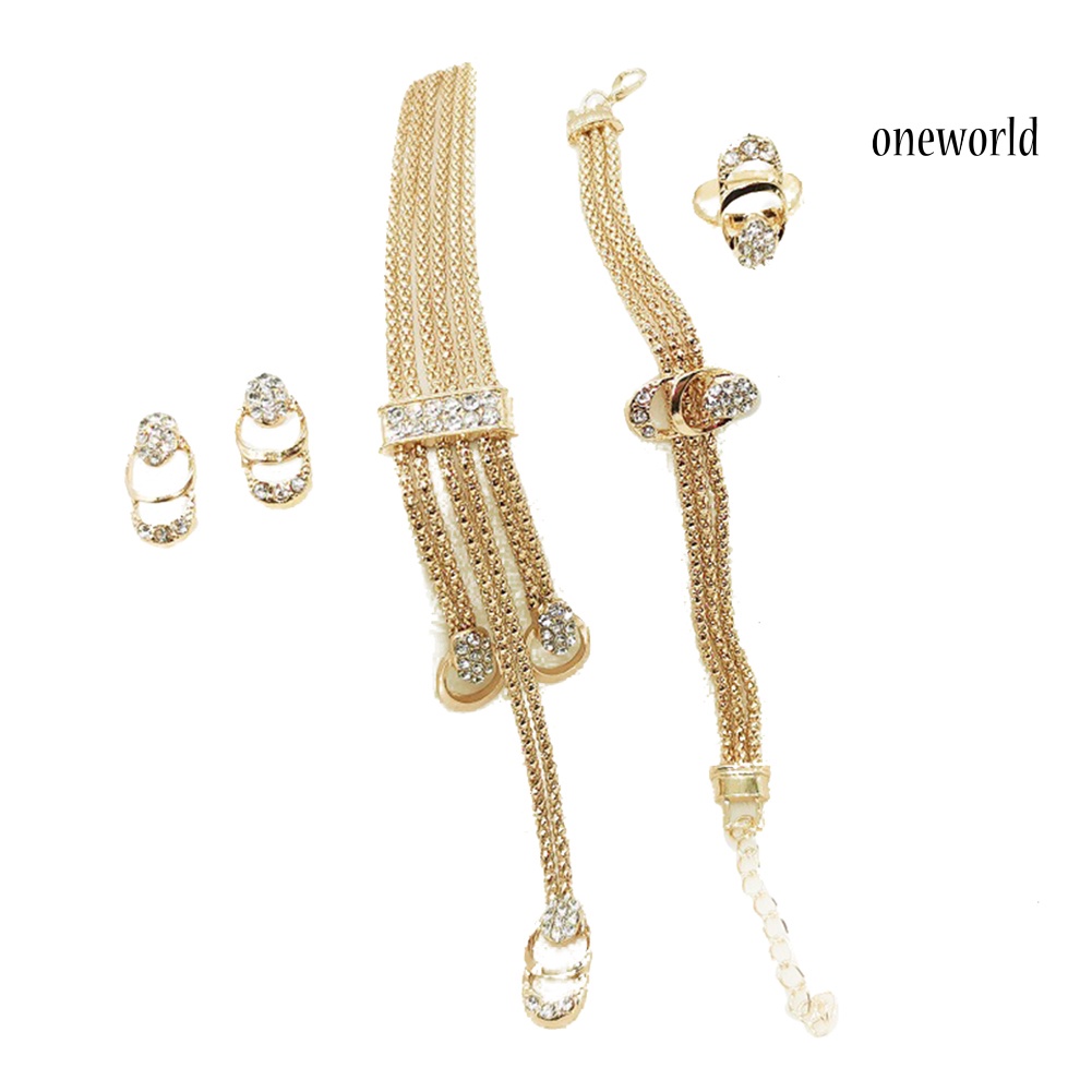 OW@ Women Fashion Rhinestone Inlaid Necklace Bracelet Ring Ear Studs Jewelry Set