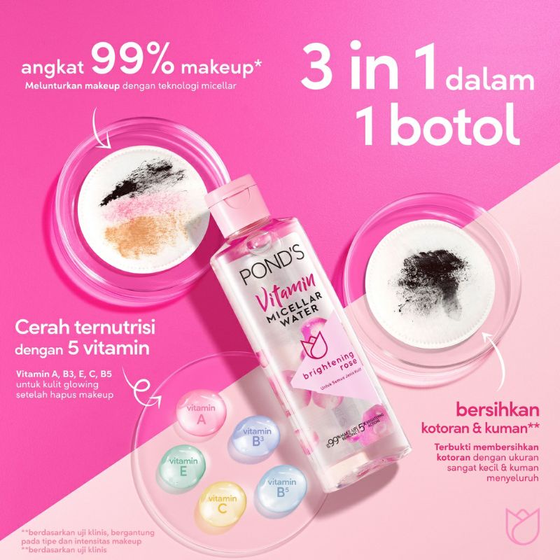 Pond's Micellar Water Brightening Rose 55ml 99% Makeup Remover dgn Niacinamide &amp; Vitamin C