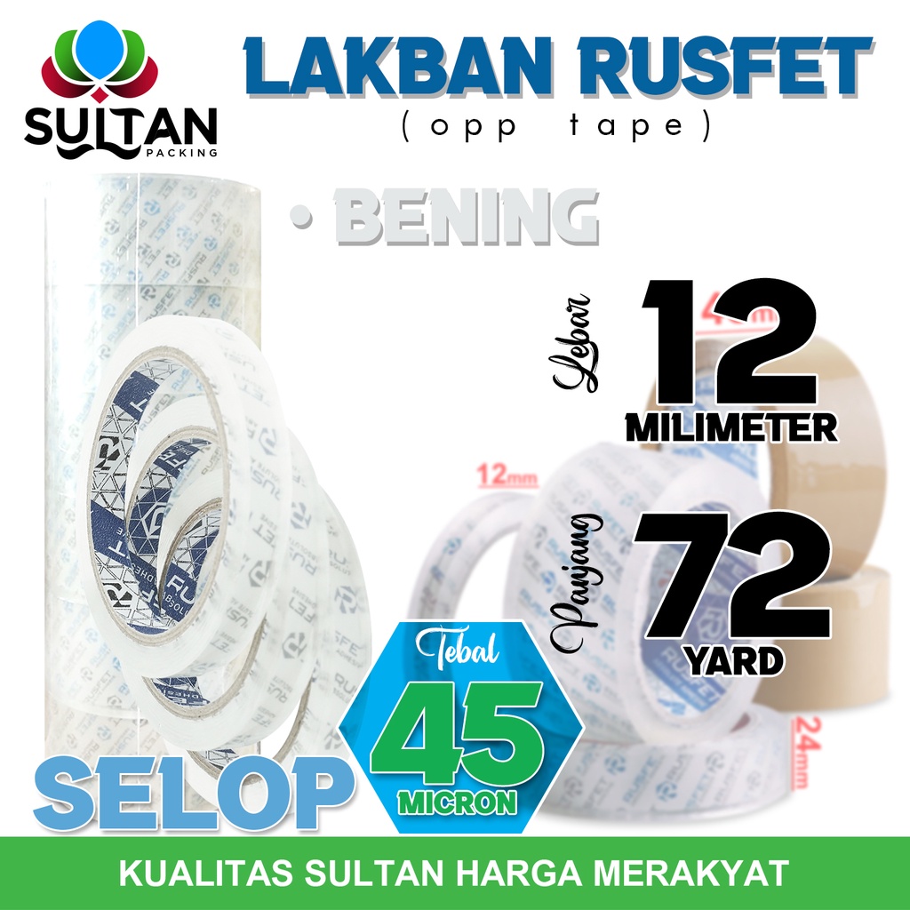 

ATK9 Lakban RUSFET 12mm x 72yard Isolasi Selotip OPP Tape Plakban Packing PREMIUM / SELOP