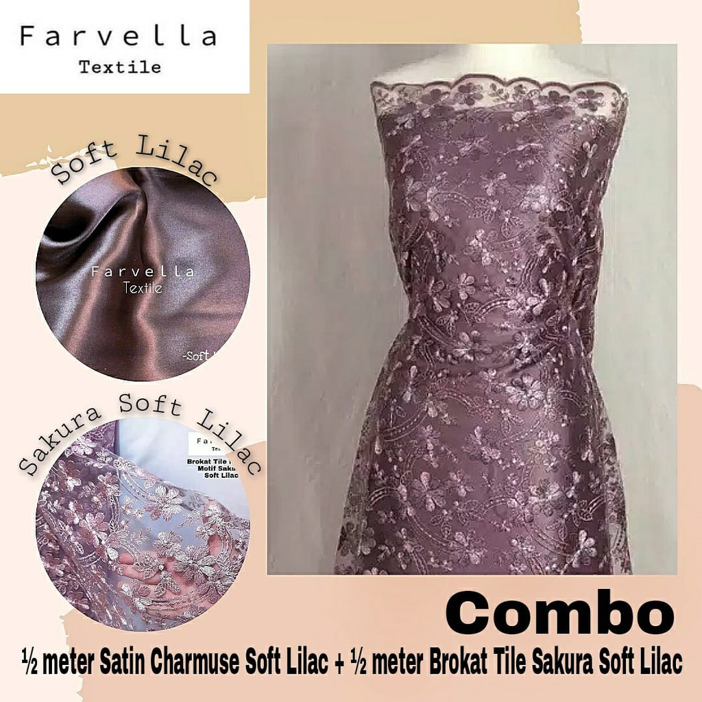COMBO 1/2 Meter Kain Brokat Tile Motif Sakura + Furing Satin Charmuse / Satin Velvet- Farvella