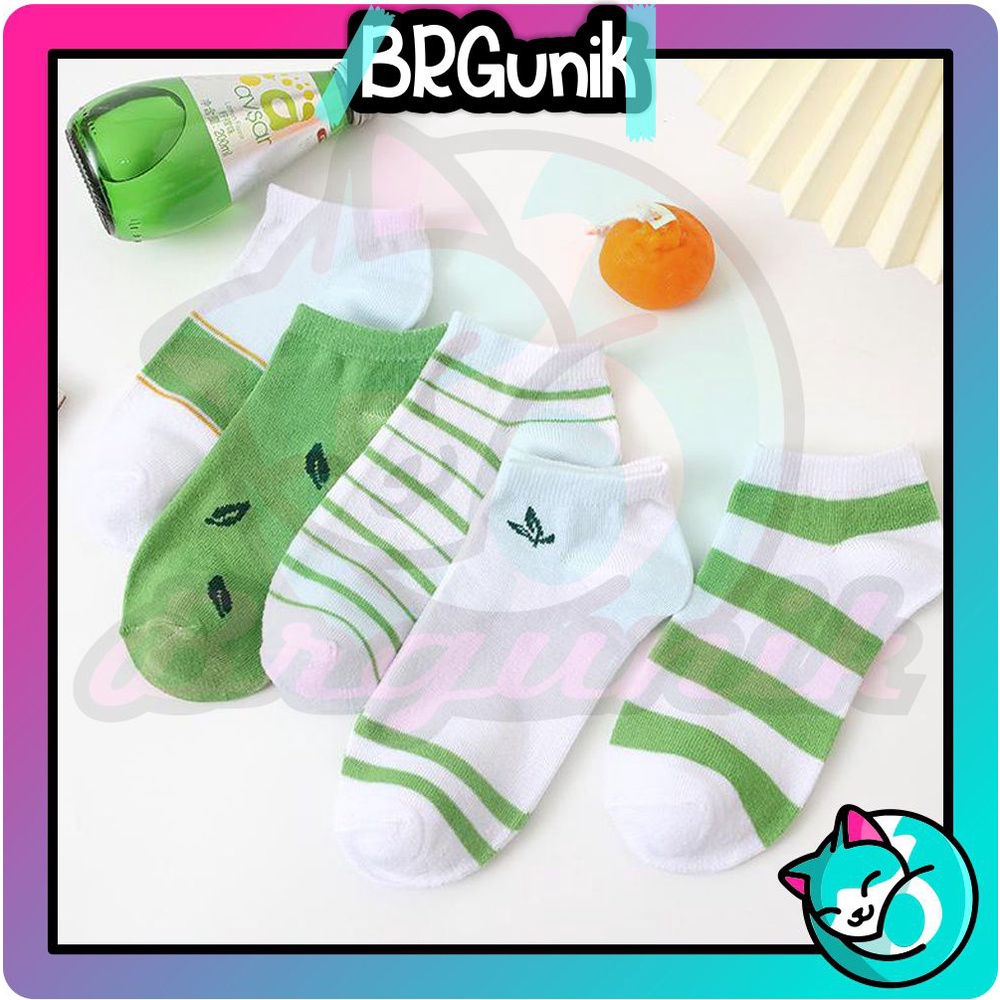 BRGUNIK Kaos Kaki Wanita Motif Green Leaf Fashion Korea Women Sock Import Murah KK005