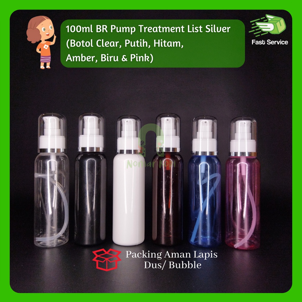 Botol 100ml BR Amber Pump Treatment List Silver PET Tebal Sampo Sabun Santizer Grosir