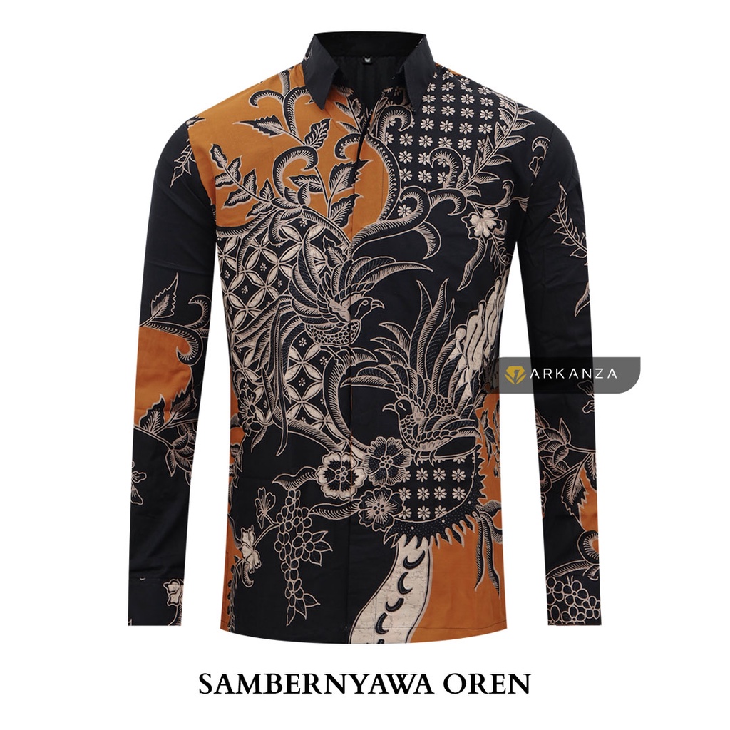 BATIK ARKANZA Motif SAMBERNYAWA OREN Hem Atasan Kemeja Baju Batik Pria Cowok Laki Laki Slimfit Full Lapis Furing Lengan Panjang Lengan Pendek Original Asli