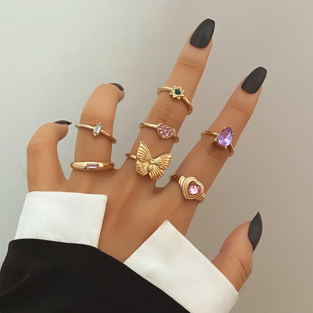 5pcs / Set Cincin Berlian Imitasi Bentuk Hati Warna Hijau Gaya Retro