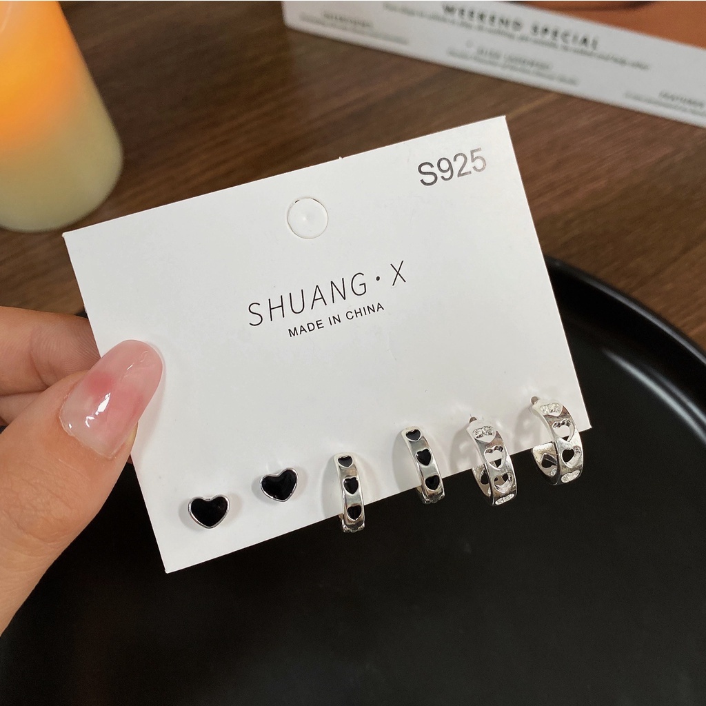 3 Pasang / Set Anting Stud Bentuk Hati Papan Catur Warna Silver Untuk Wanita