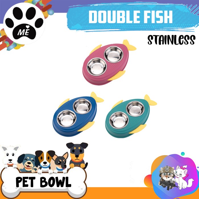 Pet Bowl Anti Slip &quot;DOUBLE FISH STAINLESS&quot; Tempat Makan Minum Hewan