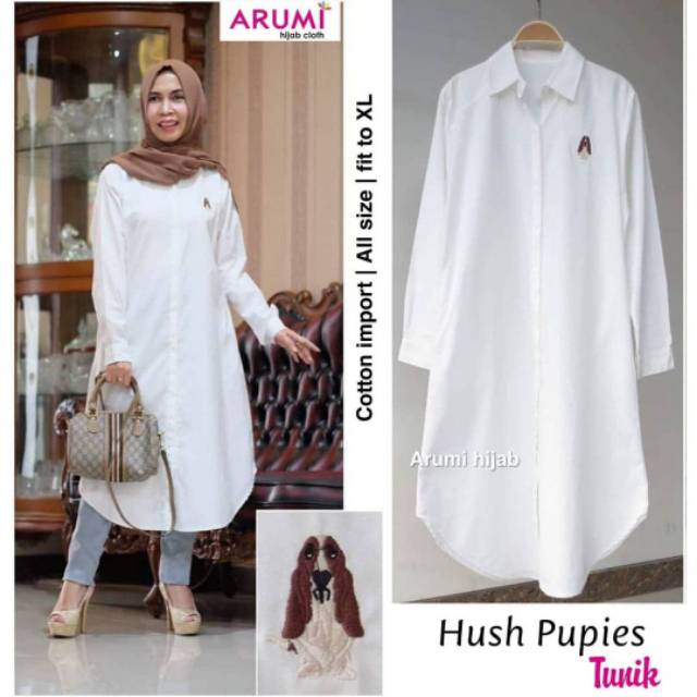 Tunik Hush Puppies katun import tunik putih tunik polos tunik jumbo tunik wanita kemeja putih polos