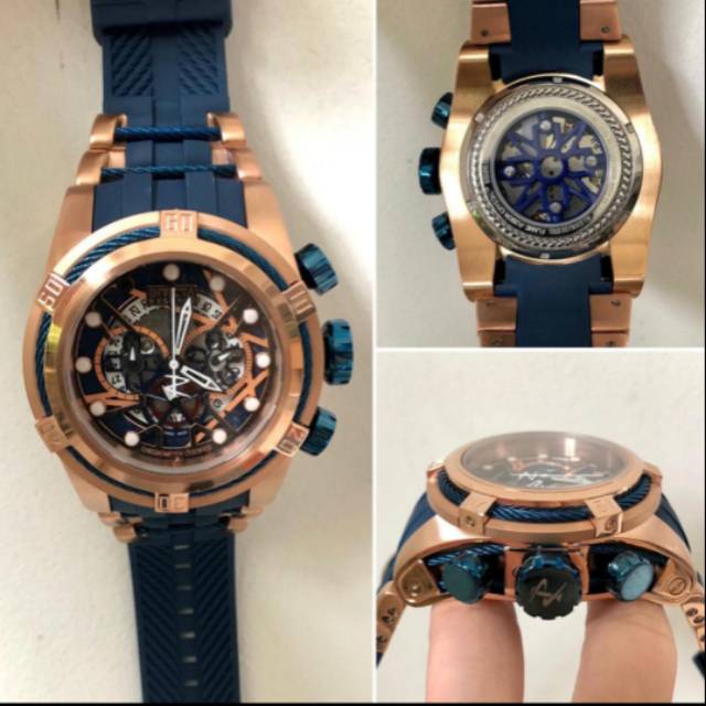JAM TANGAN PRIA INVICTAA PREMIUM AAA+ STRAP BLUE BODY ROSE GOLD