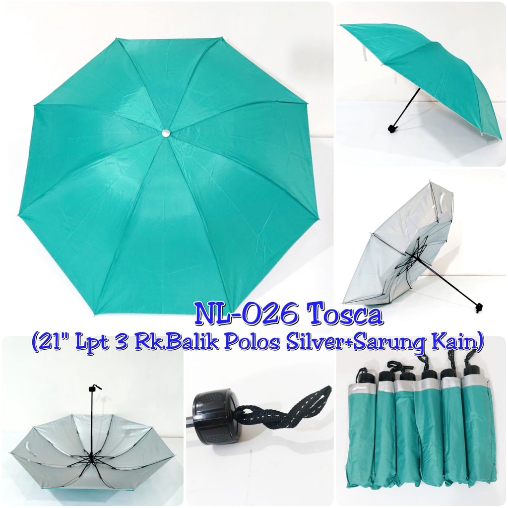 Payung Lipat 3 Rk.Balik Polos Tosca Silver + Sarung kain / NAGOYA NL-026