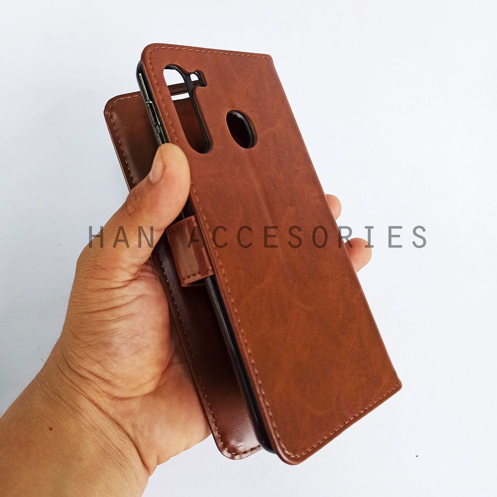 (PAKET HEMAT) Fashion Selular Flip Leather Case Samsung Galaxy A21 Flip Cover Wallet Case Flip Case + Nero Temperred Glass