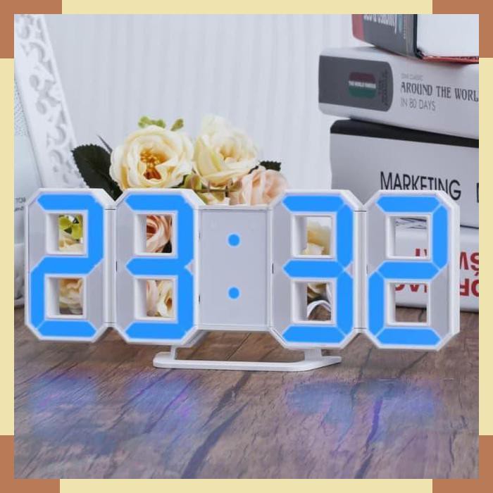 Jam Dinding Digital unik futuris Jam Meja Led Biru dg Temperatur Alarm