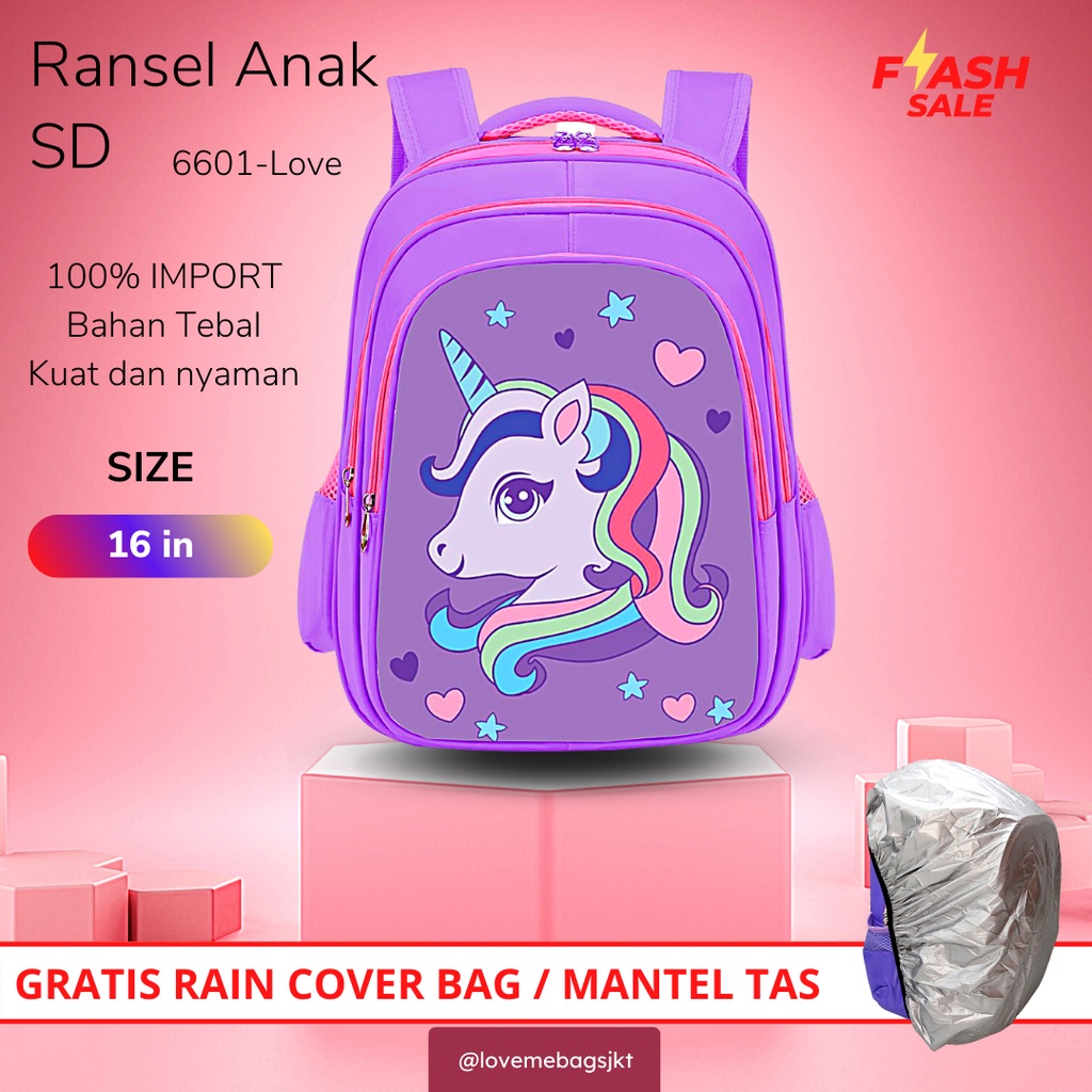 LMB Tas Anak Sekolah Perempuan SD Import Karakter Lucu Unicorn Love Bahan Nilon Premium Tebal Gambar Depan Timbul 6D