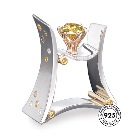 Cincin S925 Silver Bentuk Kotak Aksen Berlian Warna Kuning