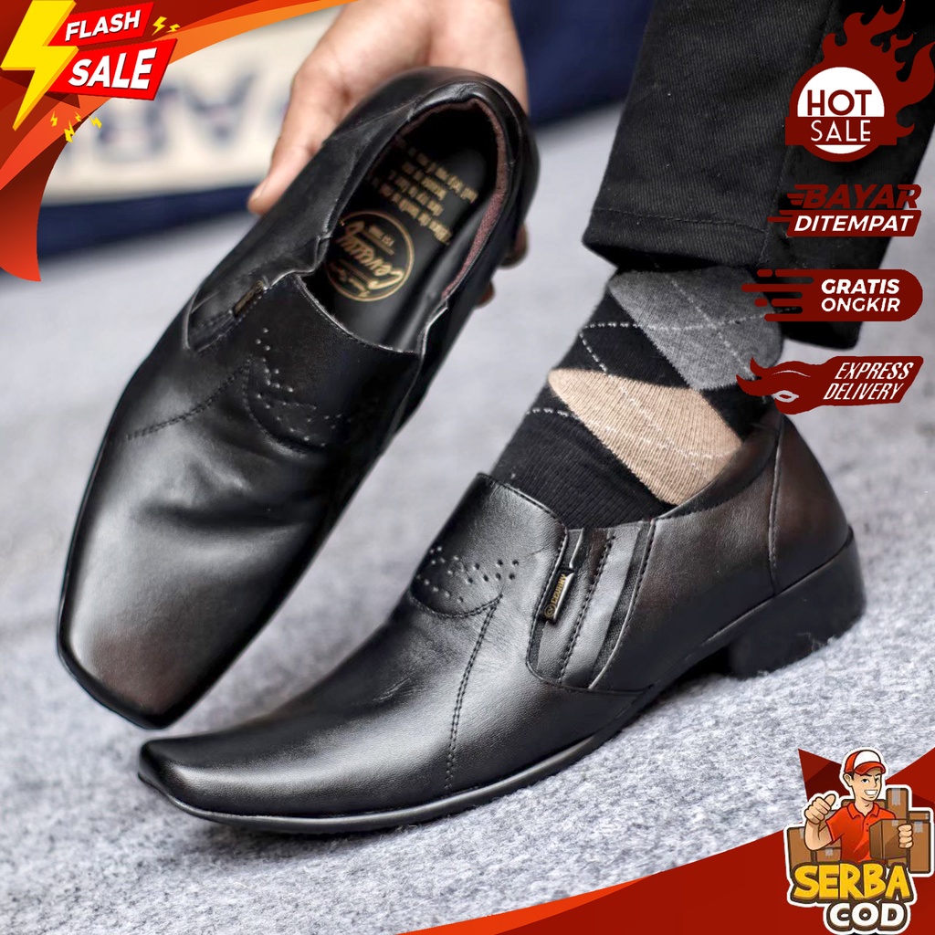 VEL 025 - Sepatu Pantofel Hitam Slop Pria Kulit Asli Peninggi Badan 5.Cm Gaya Casual Ori Import - Se