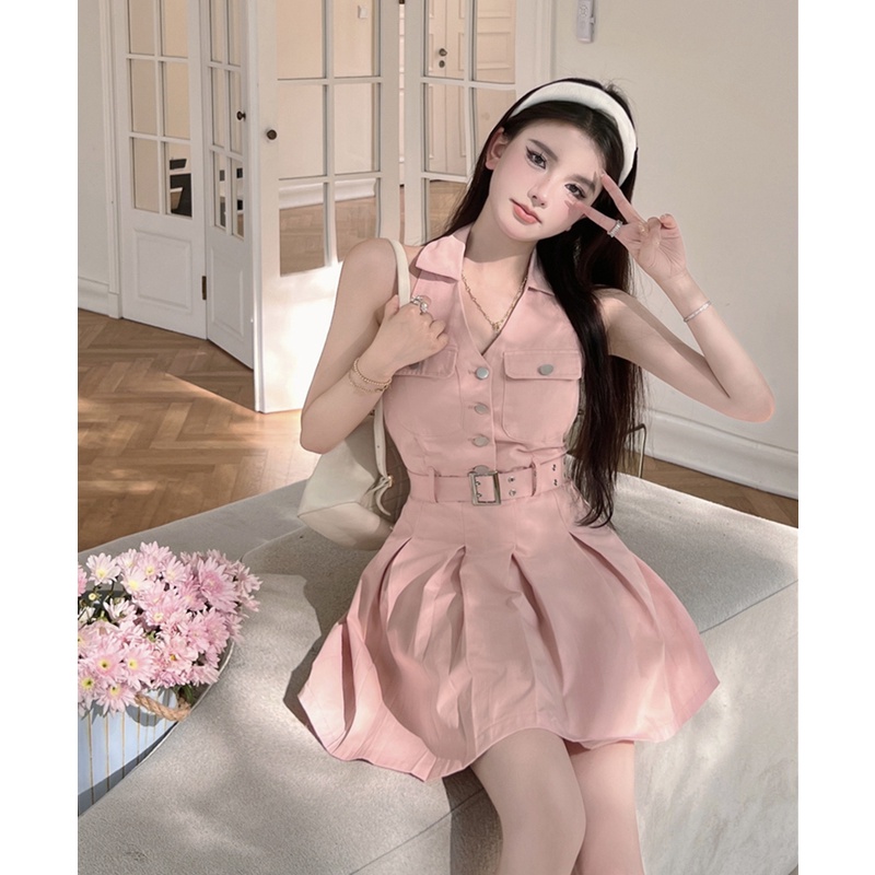 Suhao pink denim kemeja gaun wanita musim panas hot girl halter neck v-neck tanpa lengan sabuk pingg