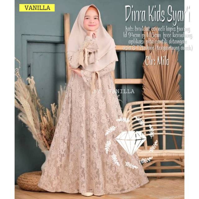 DIRRA SYARI KIDS Bahan Moscrepe Brukat Mix Full Brukat (Dapat Gamis+Kerudung) Baju Muslim Anak Simpl